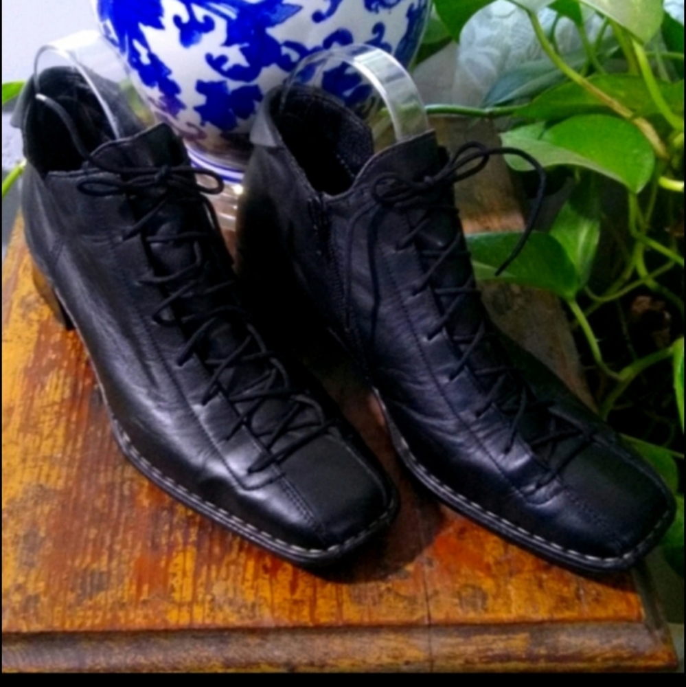 Rieker Leather Black Lace Up Ankle Boots